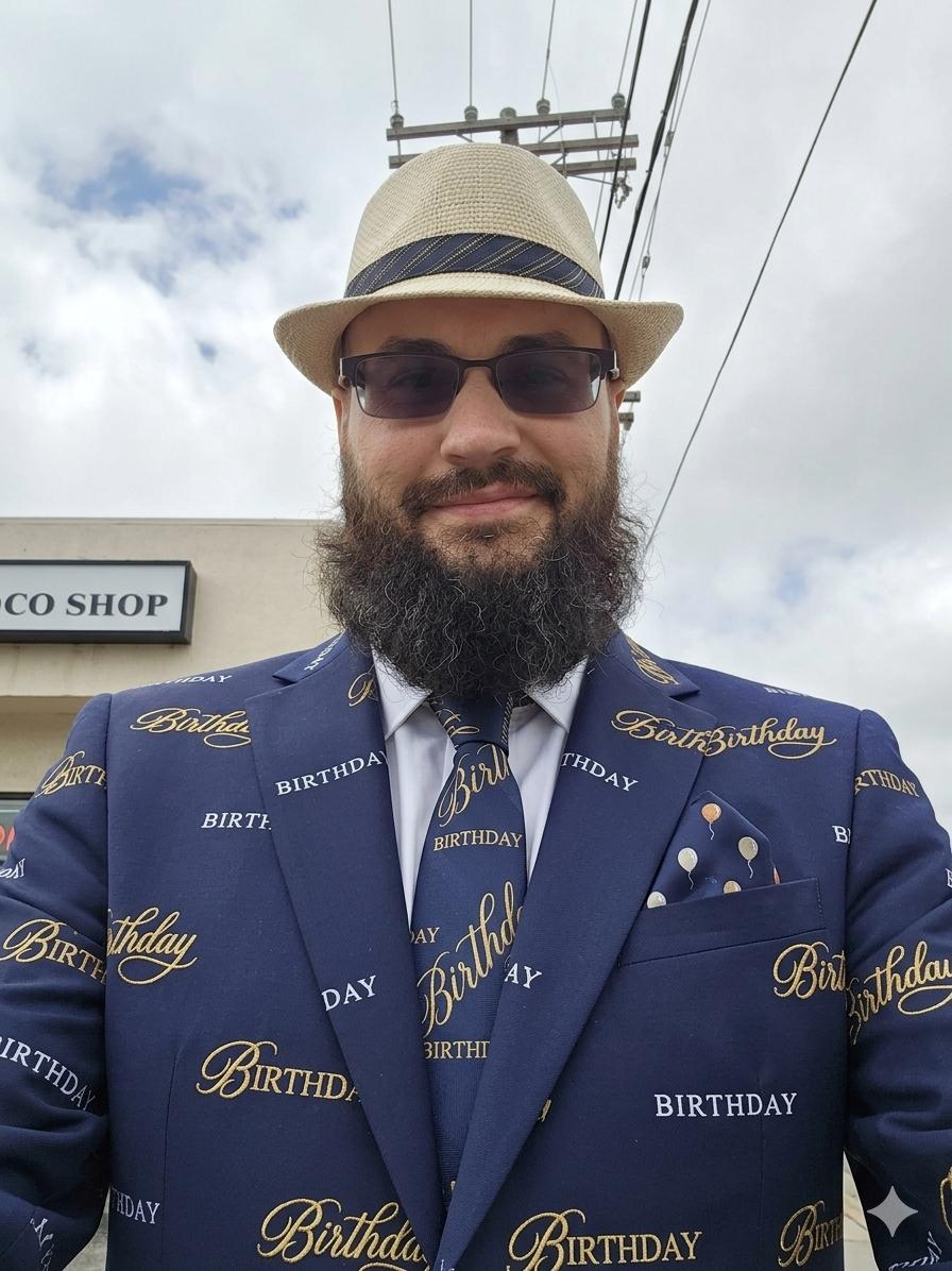 Portrait of Jeremy NoFucks Ryan in a navy birthday-script suit, straw fedora, and dark sunglasses.